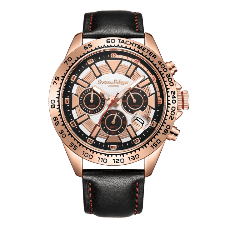 Speed Tracker Mechanical Quartz White Dial Black Leather Strap Rose Case Chronog