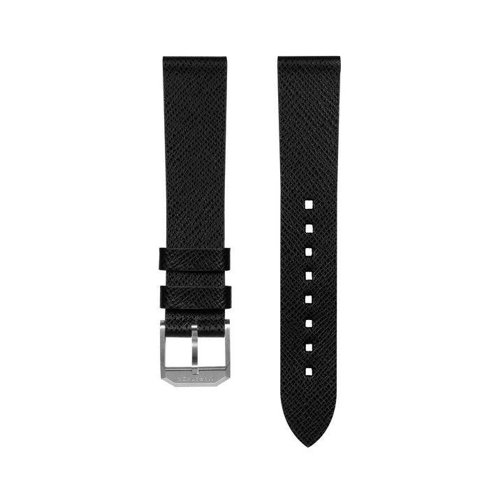 STRAP, 18mm, LEATHER, CROSS HATCH, BLACK, STEEL BUCKLE, XL ITALIAN LEATHER, CROS