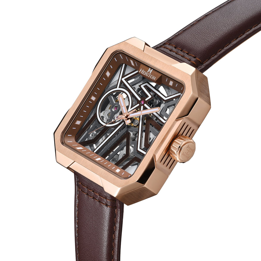 Campbell Leather-Band Skeleton Watch Rose Gold/Brown | Brown Dial