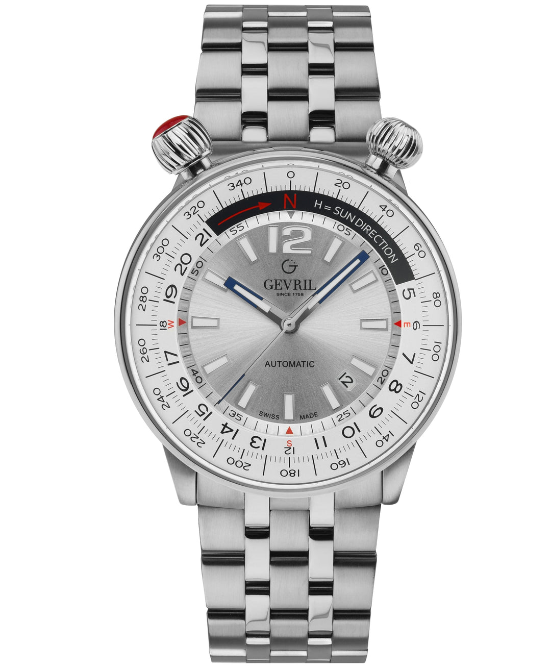 Wallabout Swiss Made Automatic Solar compass Stainless Steel Watch | Silver Dial