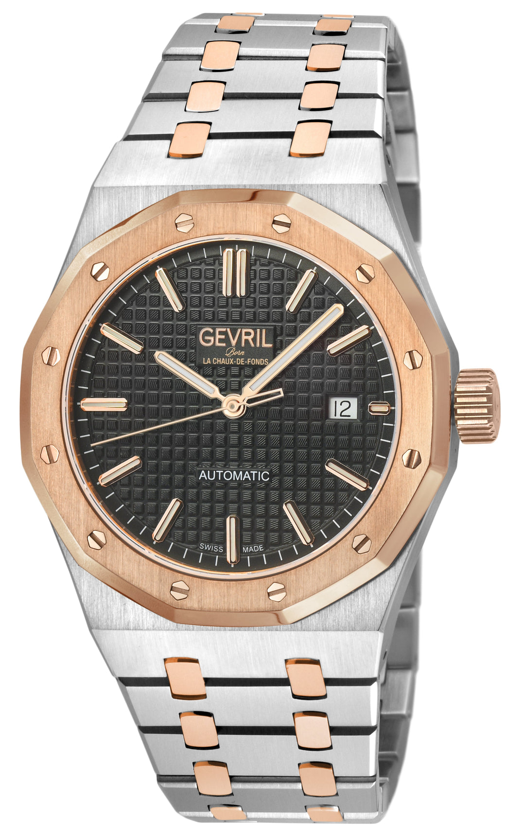 Gotham Swiss Automatic Movement, Black Embossed Dial, Two toned SS/IPRG Bracelet