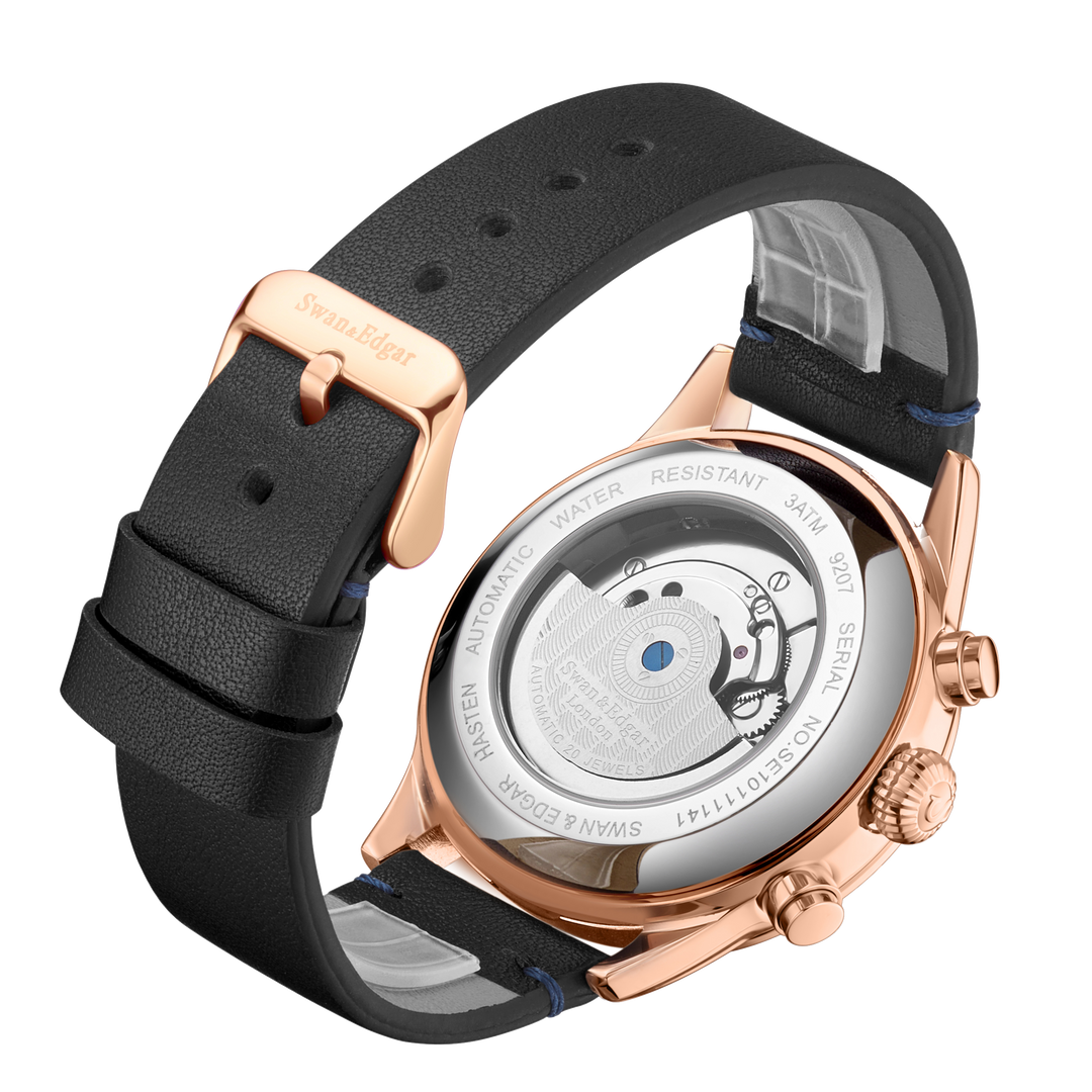Hasten Automatic Blue Open Exhibition Dial Blue Leather Strap Rose Gold Case 45m