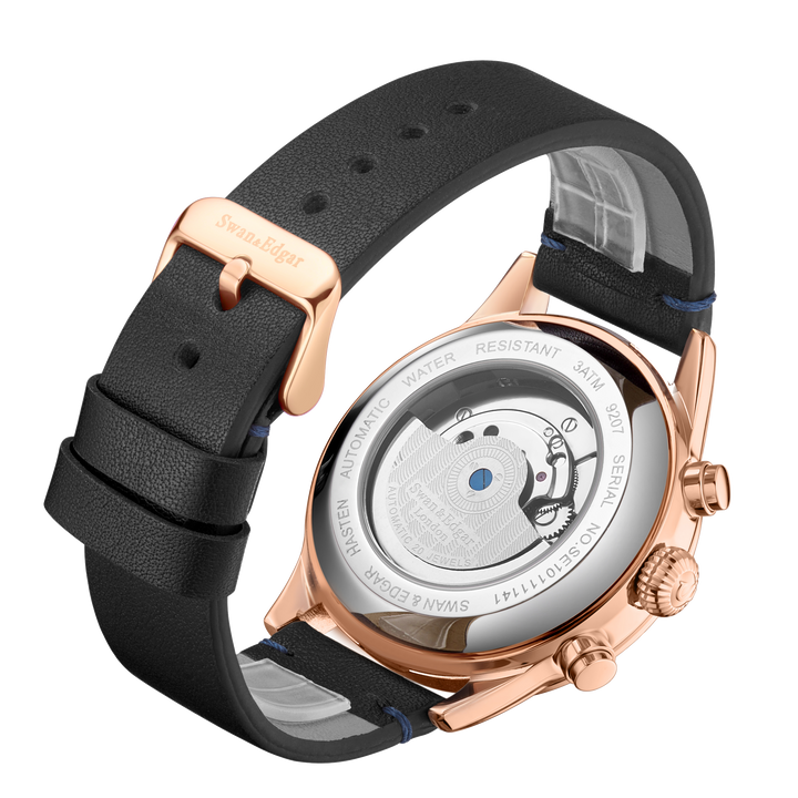 Hasten Automatic Blue Open Exhibition Dial Blue Leather Strap Rose Gold Case 45m