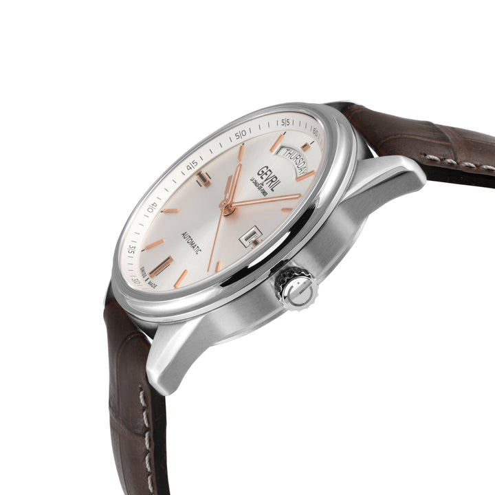 Excelsior Swiss made Automatic Sellita SW240, Silver Dial, Day/Date, Brown Leath