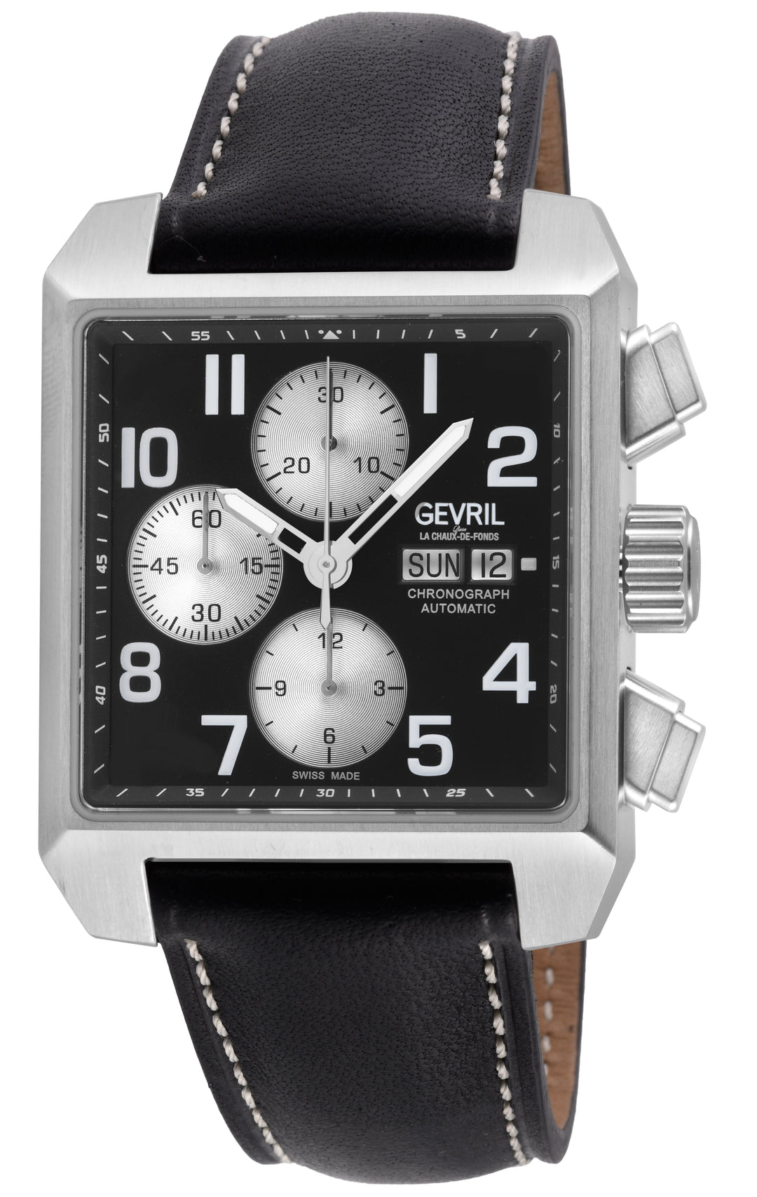 Herald Square Chronograph Gevril ETA7750 Chrono, SS Case, Black Dial, Italian Le