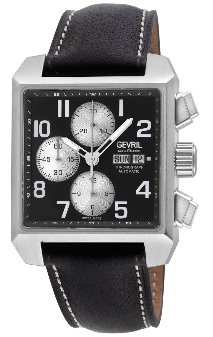 Herald Square Chronograph Gevril ETA7750 Chrono, SS Case, Black Dial, Italian Le