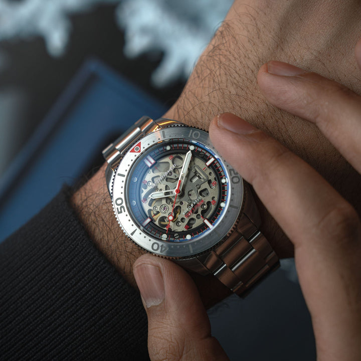 Croft 42 Skeleton Automatic Silver & Red / Stainless Steel | Black Dial