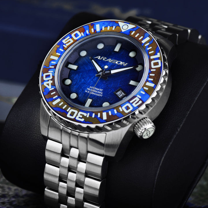 EVO Meteorite Swiss Automatic Limited Edition Titanium Damascus Bezel - Blue | D