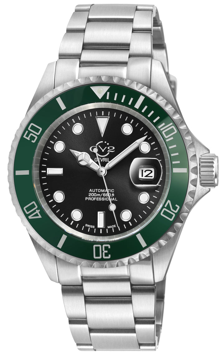 Liguria GV2 by Gevril Swiss Automatic, Black Dial, Green Bezel, SS Bracelet | Bl