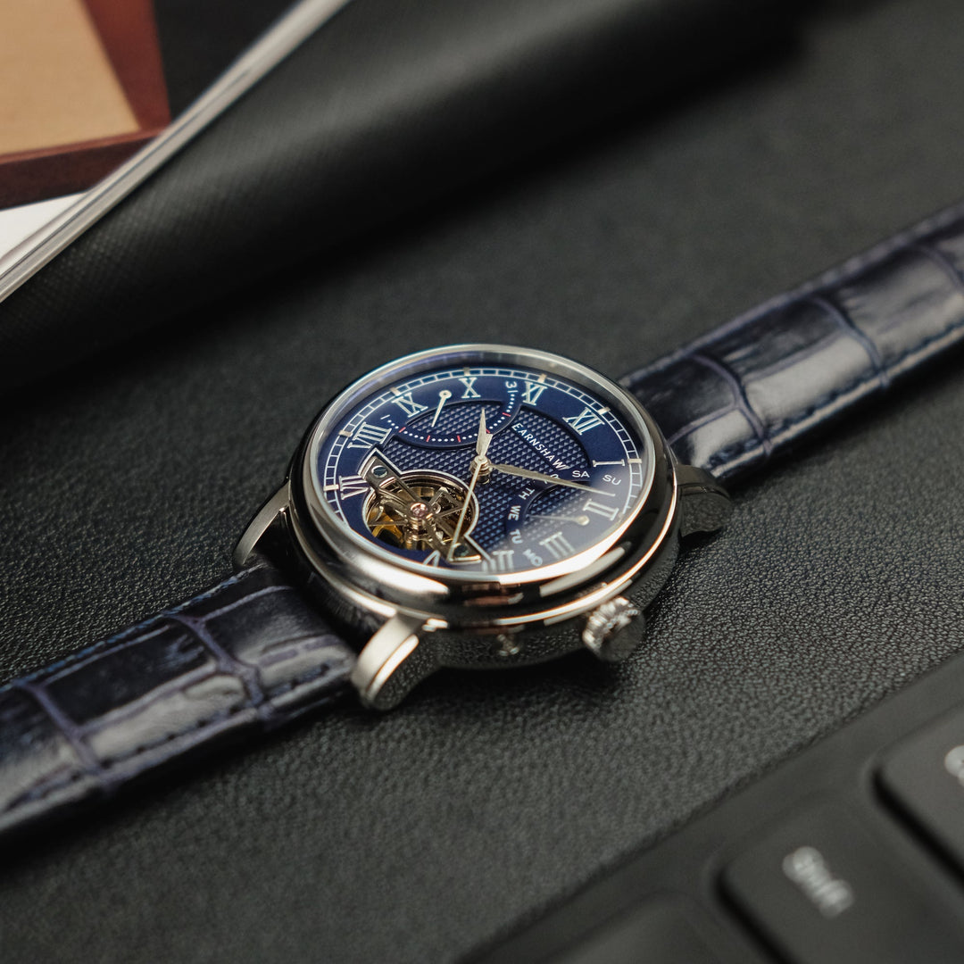 Heritage Longcase Double Retrograde Calendar Open Heart Automatic Blue / Genuine