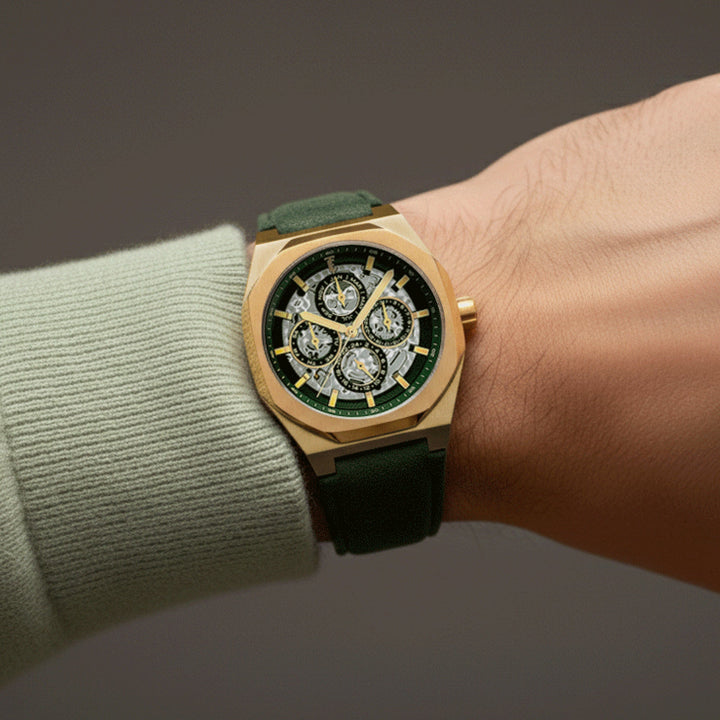 Discovery Drake Triple Calendar Skeleton Automatic Green / Genuine Leather | Gre