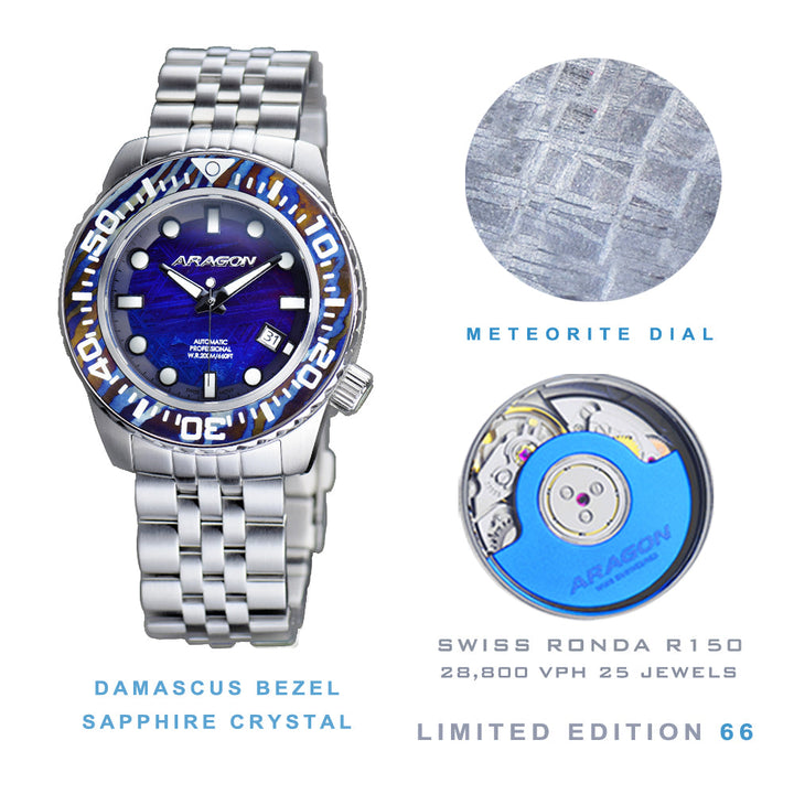 EVO Meteorite Swiss Automatic Limited Edition Titanium Damascus Bezel - Blue | D