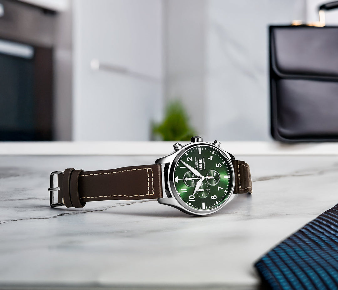 Navigator Chrono Forest Green Sunray Dial/Brown Leather Strap | Green Dial