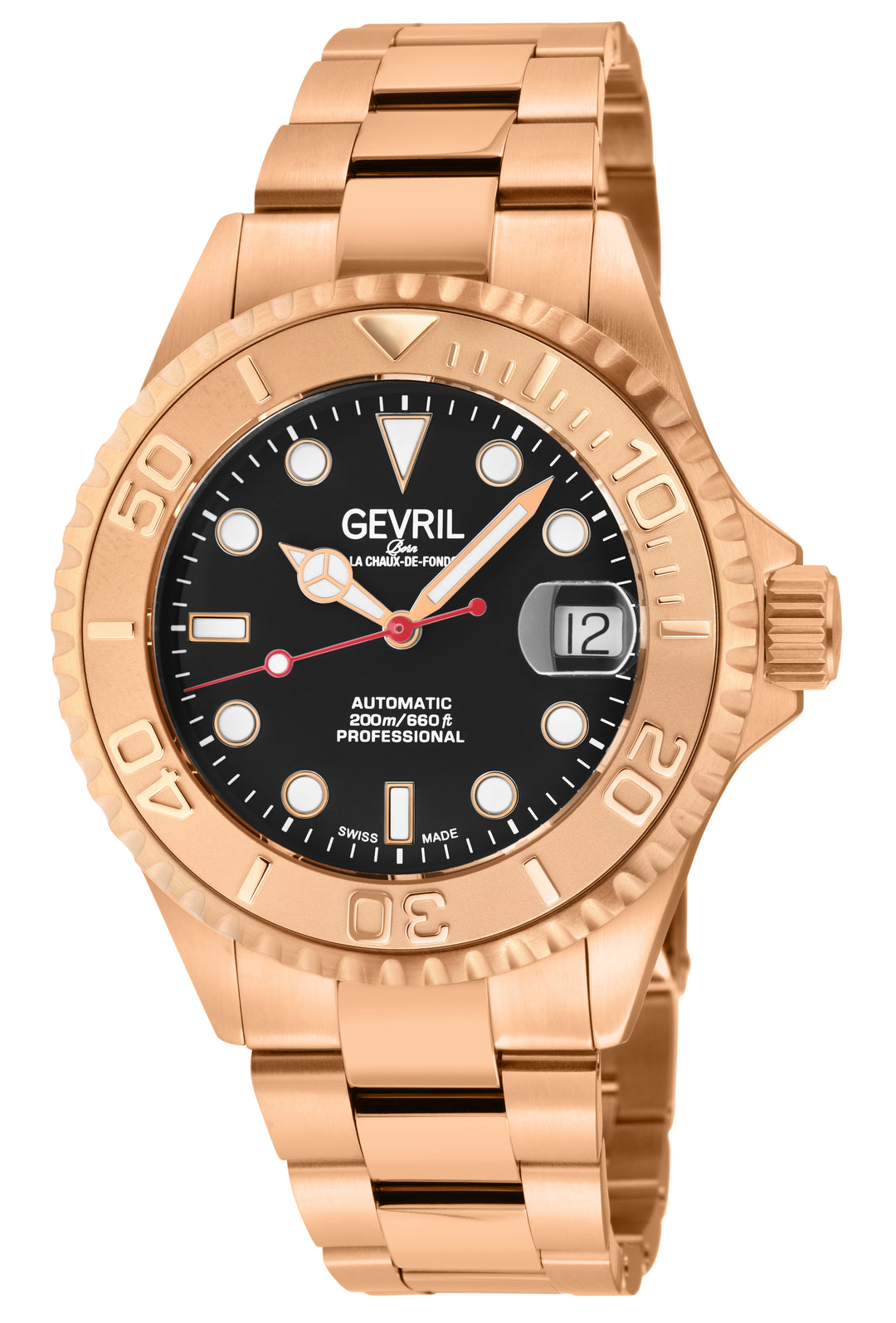 Wall Street Gevril Swiss Made SW200 Steel Rotating Bezel Diver's watch, Rose Gol