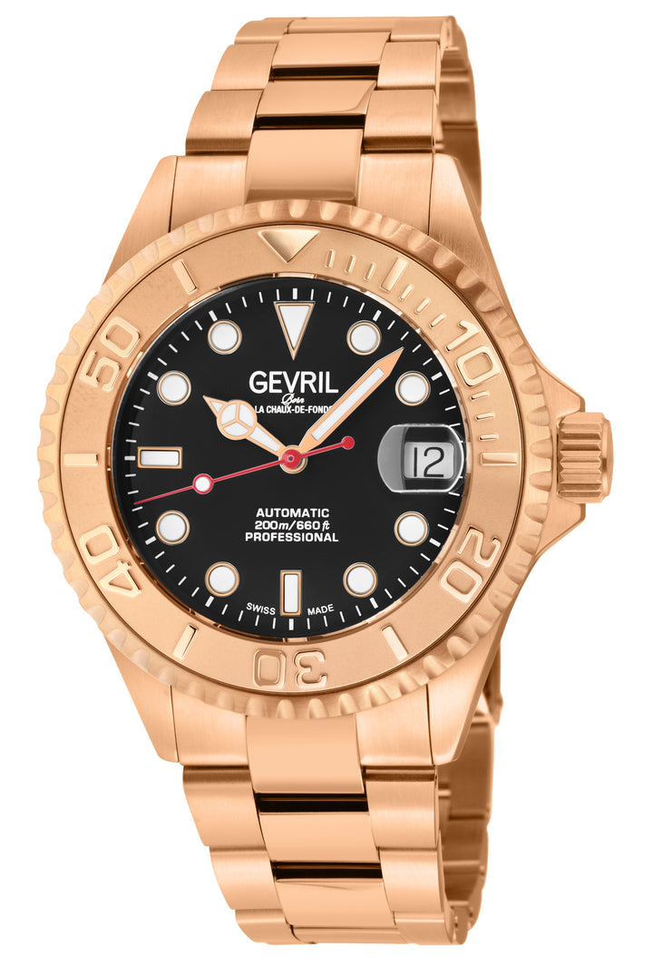 Wall Street Gevril Swiss Made SW200 Steel Rotating Bezel Diver's watch, Rose Gol