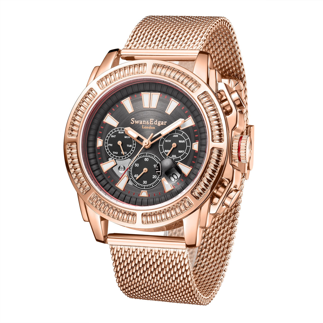Noble Automatic Black Dial Rose Gold Stainless Steel Bracelet Rose Gold Case 45m