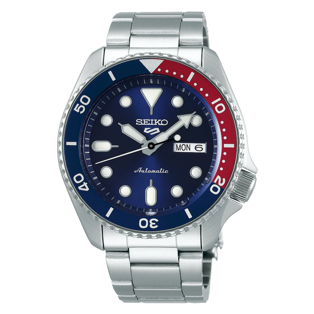 5 Sports SKX - Unidirectional Bezel Blue Red-Bezel / Blue Dial / Steel Bracelet 