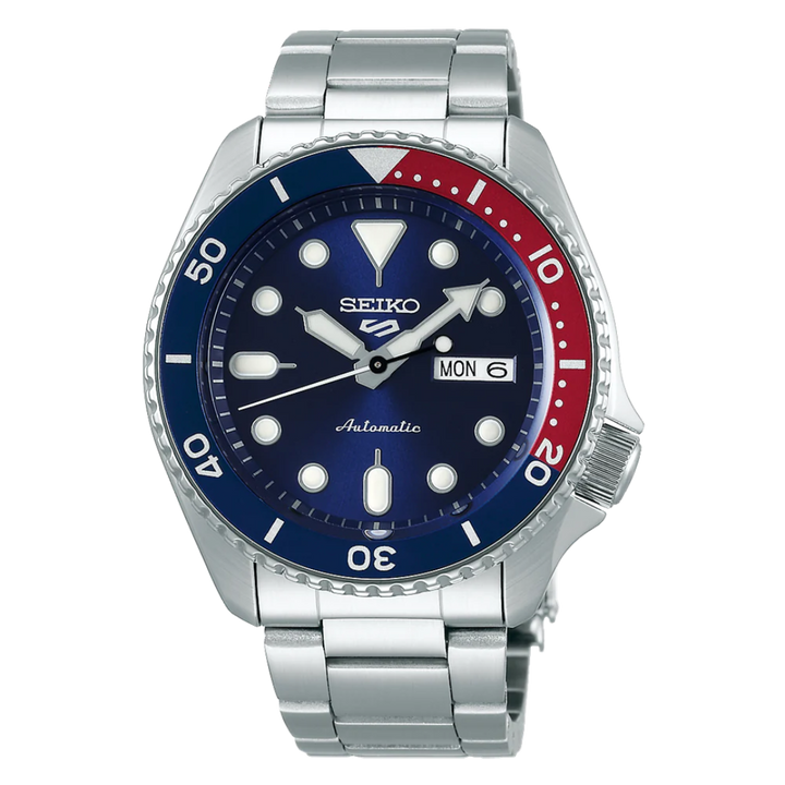 5 Sports SKX - Unidirectional Bezel Blue Red-Bezel / Blue Dial / Steel Bracelet 