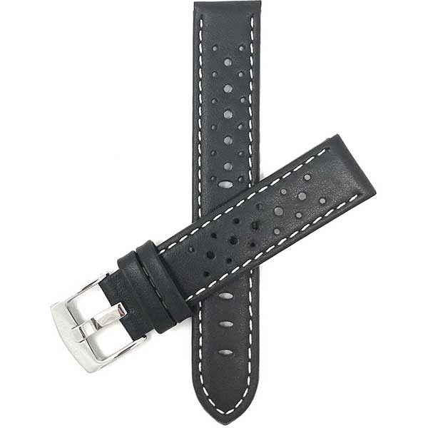 503 | Black and White 22mm Mens Leather Rally Strap, Perforated Racing Watch Ban