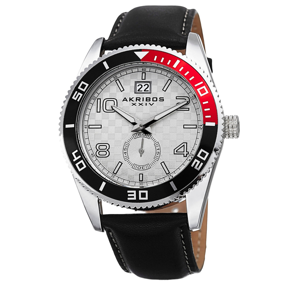 Silver-tone Rotating Bezel Black Leather Watch Silver