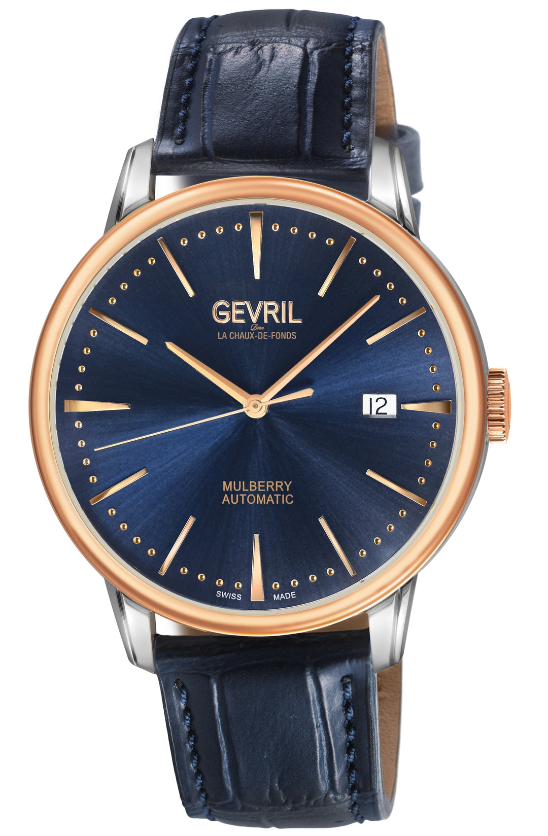 Mulberry Gevril Men's Mulberry SS Case, IPRG Bezel, Blue Dial with embossed text
