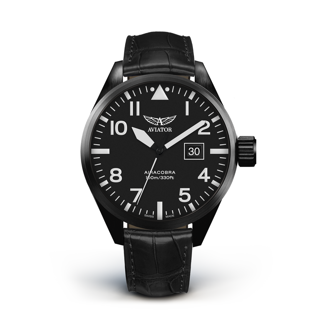AIRACOBRA P42 Black Calf Leather Strap | Black Dial