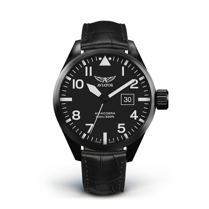 AIRACOBRA P42 Black Calf Leather Strap | Black Dial