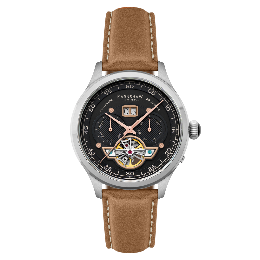 Baron Grand Date Calendar Open Heart Automatic Black / Brown Leather | Black Dia