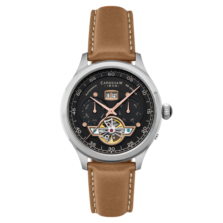 Baron Grand Date Calendar Open Heart Automatic Black / Brown Leather | Black Dia