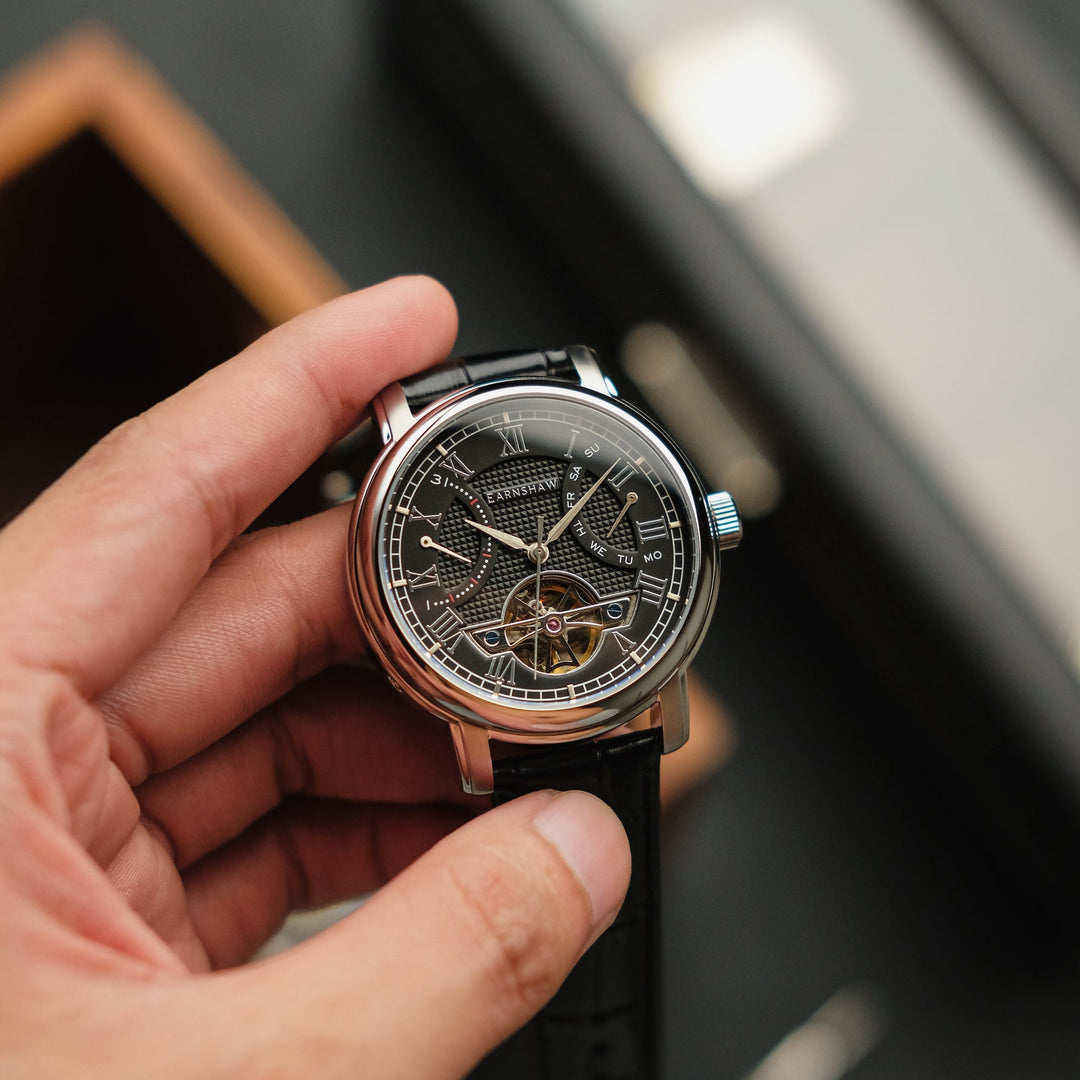 Heritage Longcase Double Retrograde Calendar Open Heart Automatic Black / Genuin
