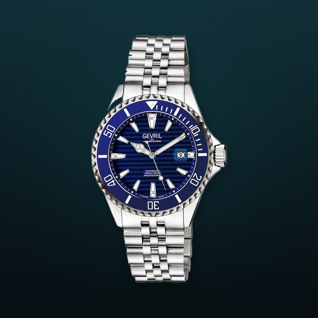 Chambers Gevril Swiss Made Sellita SW200 Ceramic rotation bezel 200 Meter diver watch exhibition caseback blue steel | Blue Dial