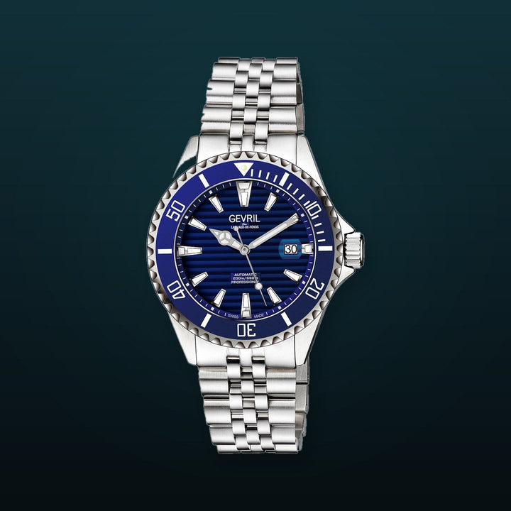 Chambers Gevril Swiss Made Sellita SW200 Ceramic rotation bezel 200 Meter diver watch exhibition caseback blue steel | Blue Dial