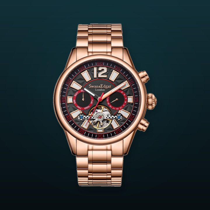 Royal Exhibition Automatic Black Open Exhibition Dial Rose Gold Stainless Steel Bracelet 45mm Black Dial