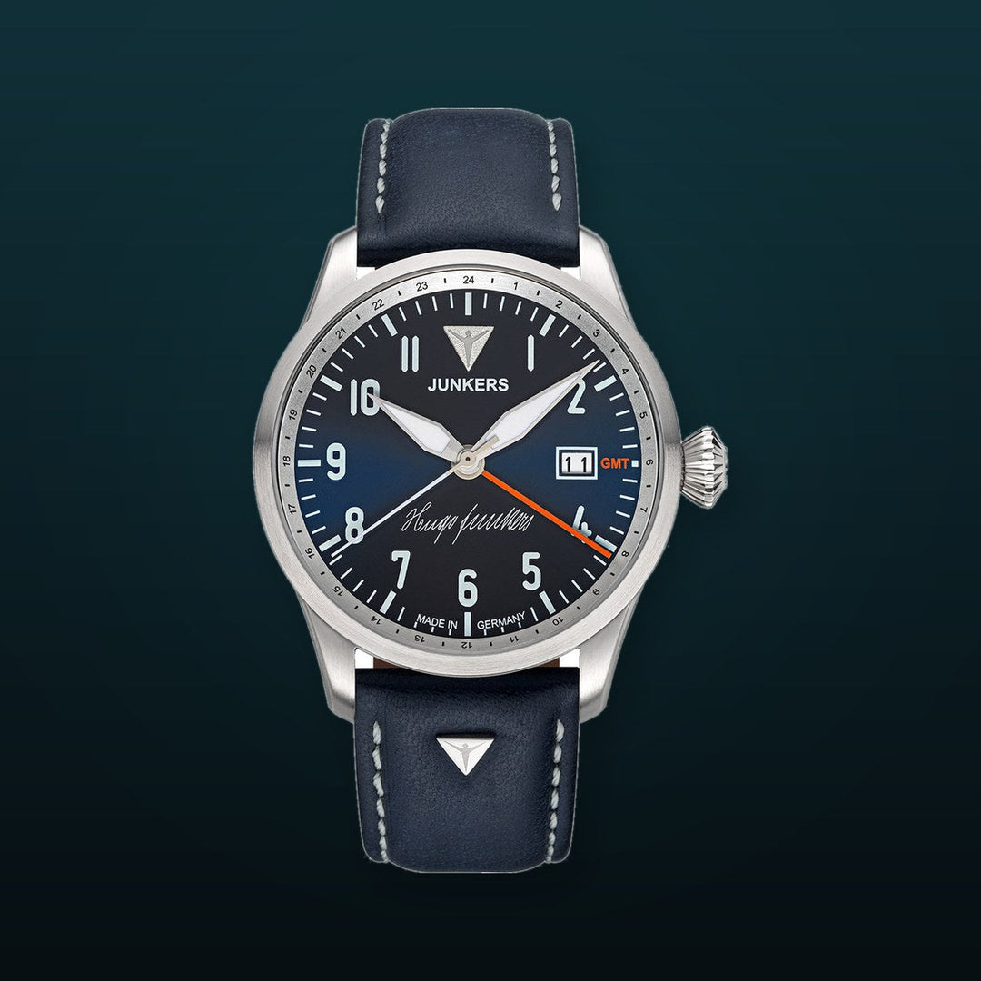Hugo Junkers GMT Signature Edition GMT Blue Dial / Blue Leather Strap Blue Dial
