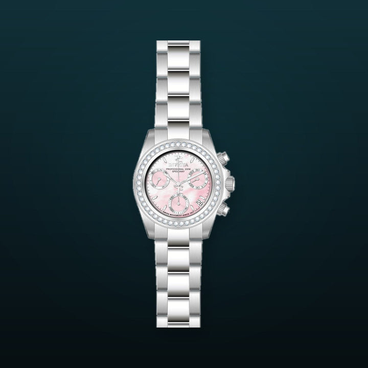 Elite Diamond Pink Mother-Of-Pearl Dial Silver Stainless Steel Bracelet 38mm Pink Mother-of-Pearl Dial