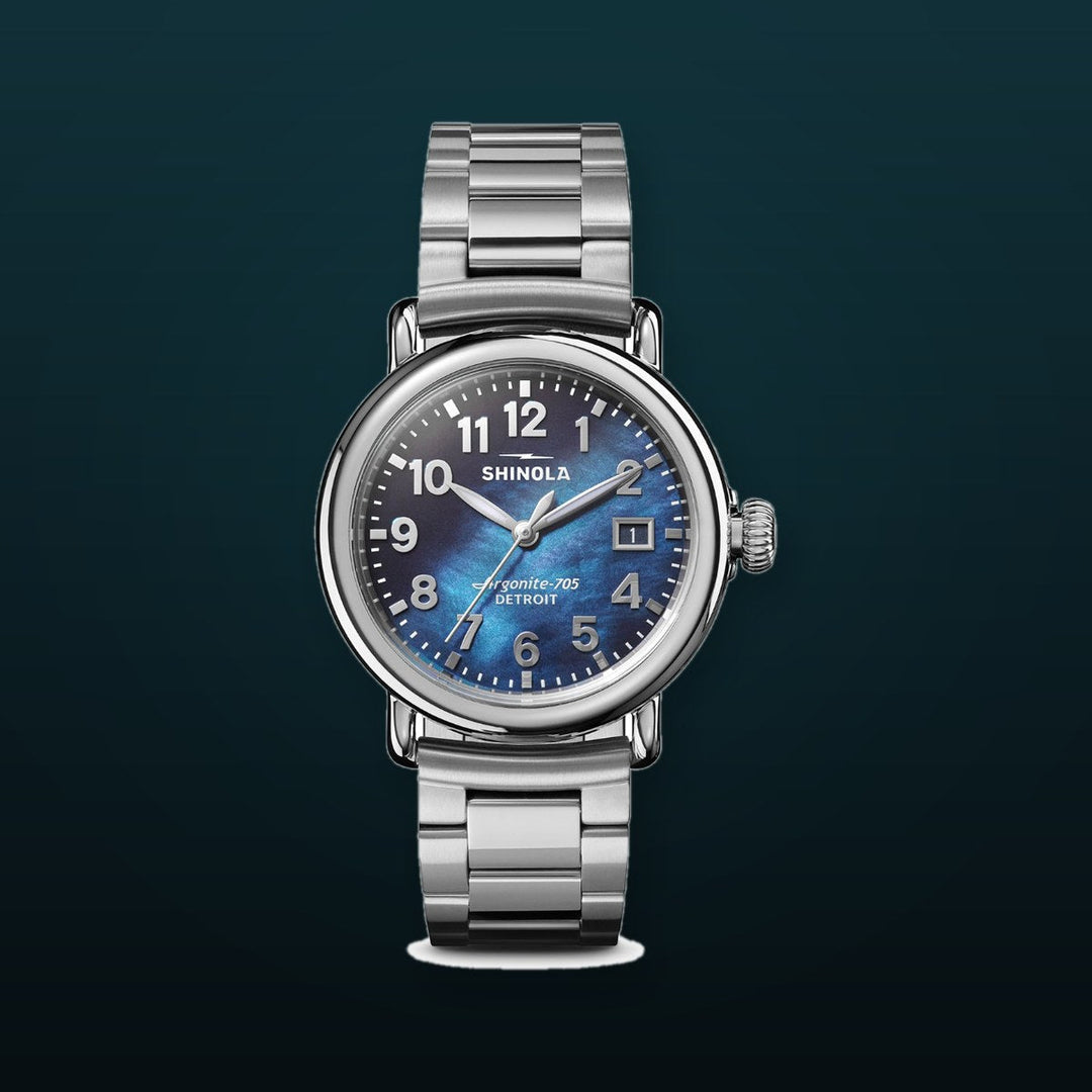 Runwell 3HD 36mm, MOP Silver Bracelet Cadet Blue Dial