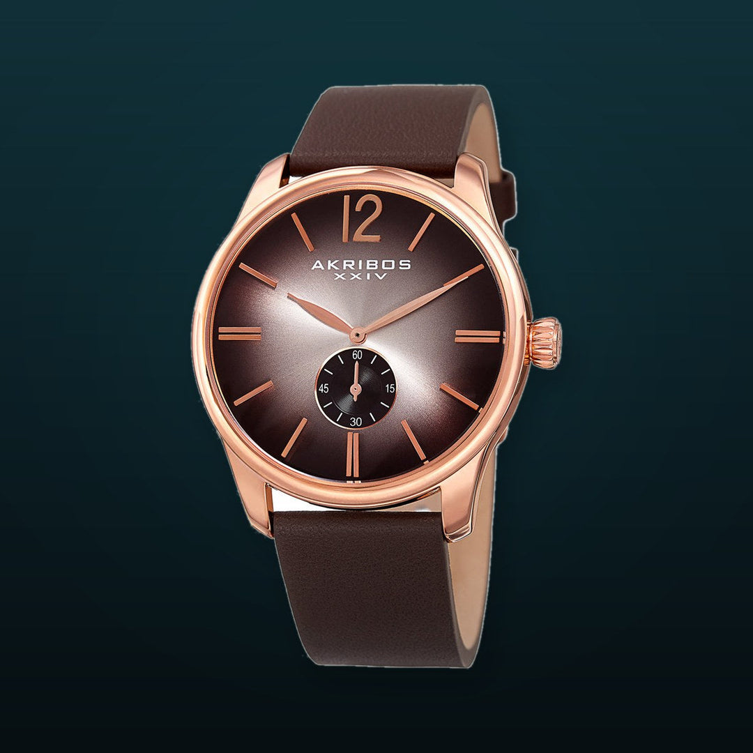 Small Seconds Genuine Brown Leather Strap Watch Brown/Rose | Black Dial