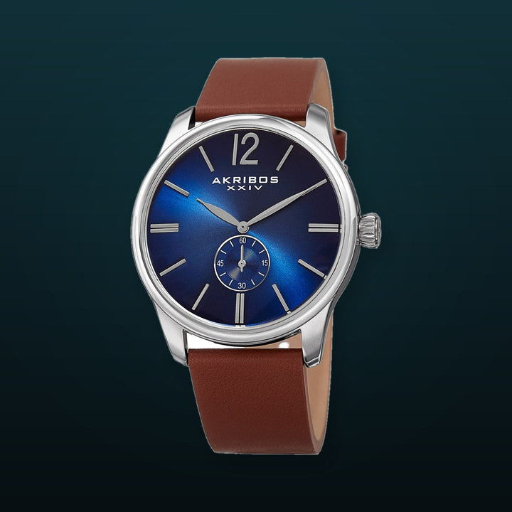 Men's Akribos XXIV AK916SSBU Small Seconds Genuine Brown Leather Strap Watch Blue/Brown | Blue Dial