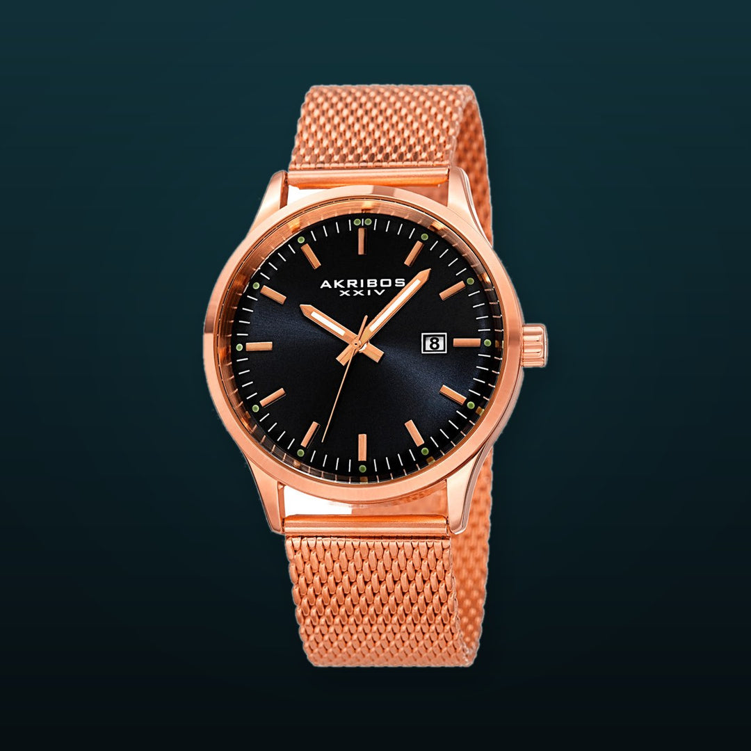 Akribos XXIV AK901RGB Date Display Mesh Bracelet Black Dial Rosetone Mens Watch Rose/Black | Black Dial