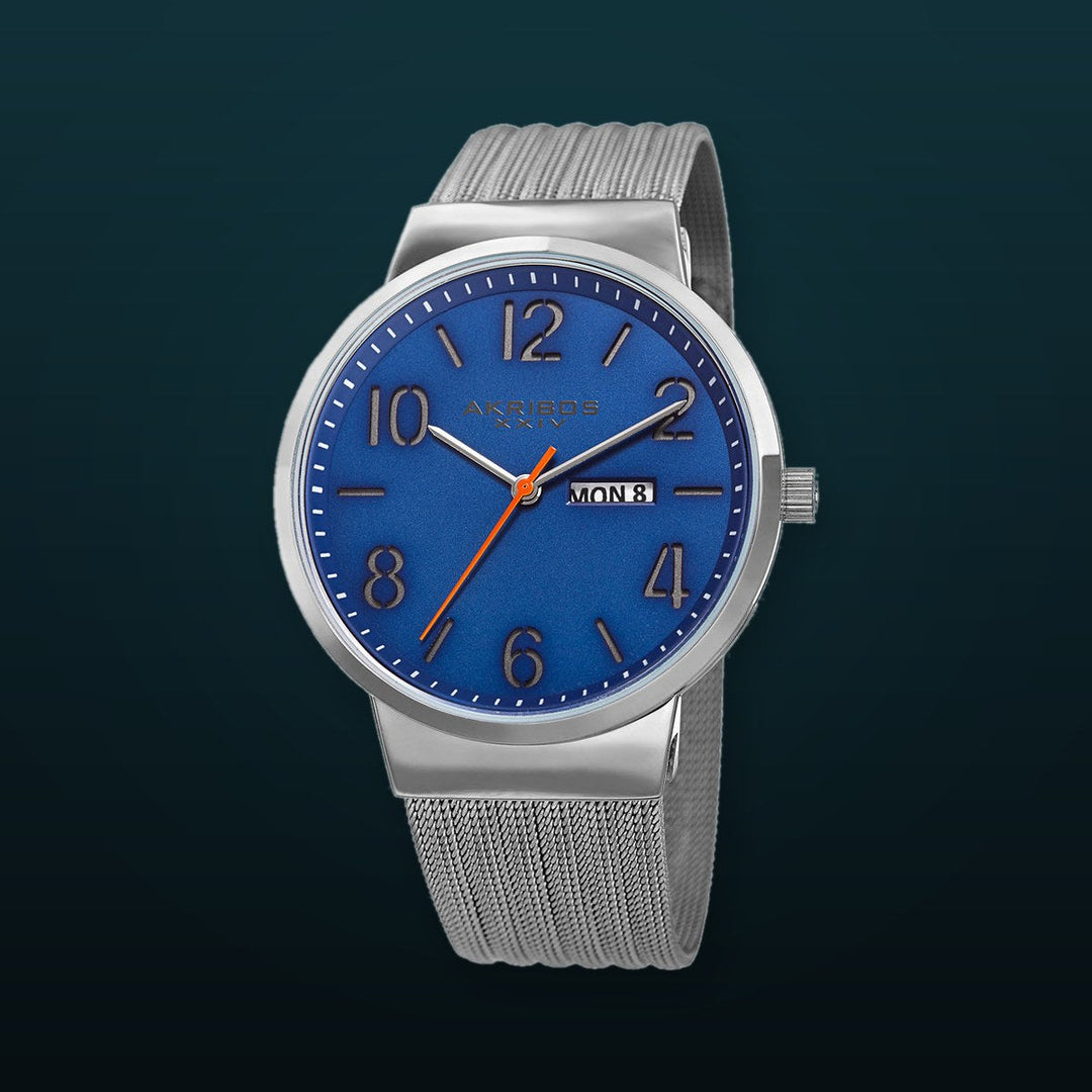 Date Silver Tone Stainless Steel Mesh Strap Watch Blue/Silver | Blue Dial