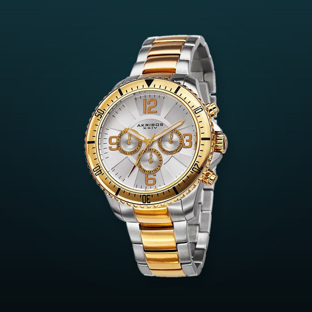 Bold Pattern Multifunction Dial Steel Watch Silver/Gold