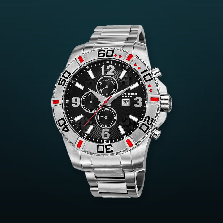 Men's 'Grandiose' Multifunction Watch - 3 Subdials Month, Day, & GMT and Date Window on Heavy Stainless Steel Bracelet Watch - AK671 Silver