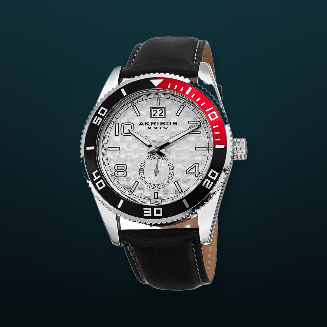 Silver-tone Rotating Bezel Black Leather Watch Silver