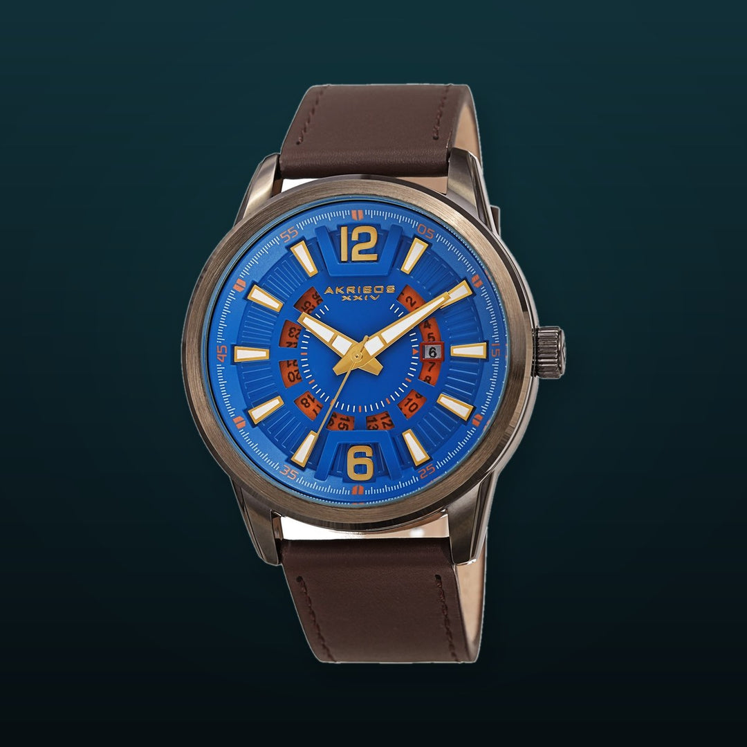 Aviator Dark Gray/Gun/Leather | Blue Dial