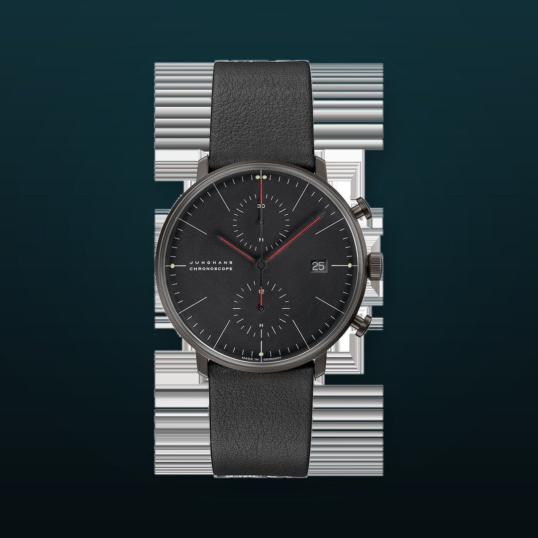 Max Bill Chronoscope Bauhaus Black Dial / Black Leather Strap Black Dial