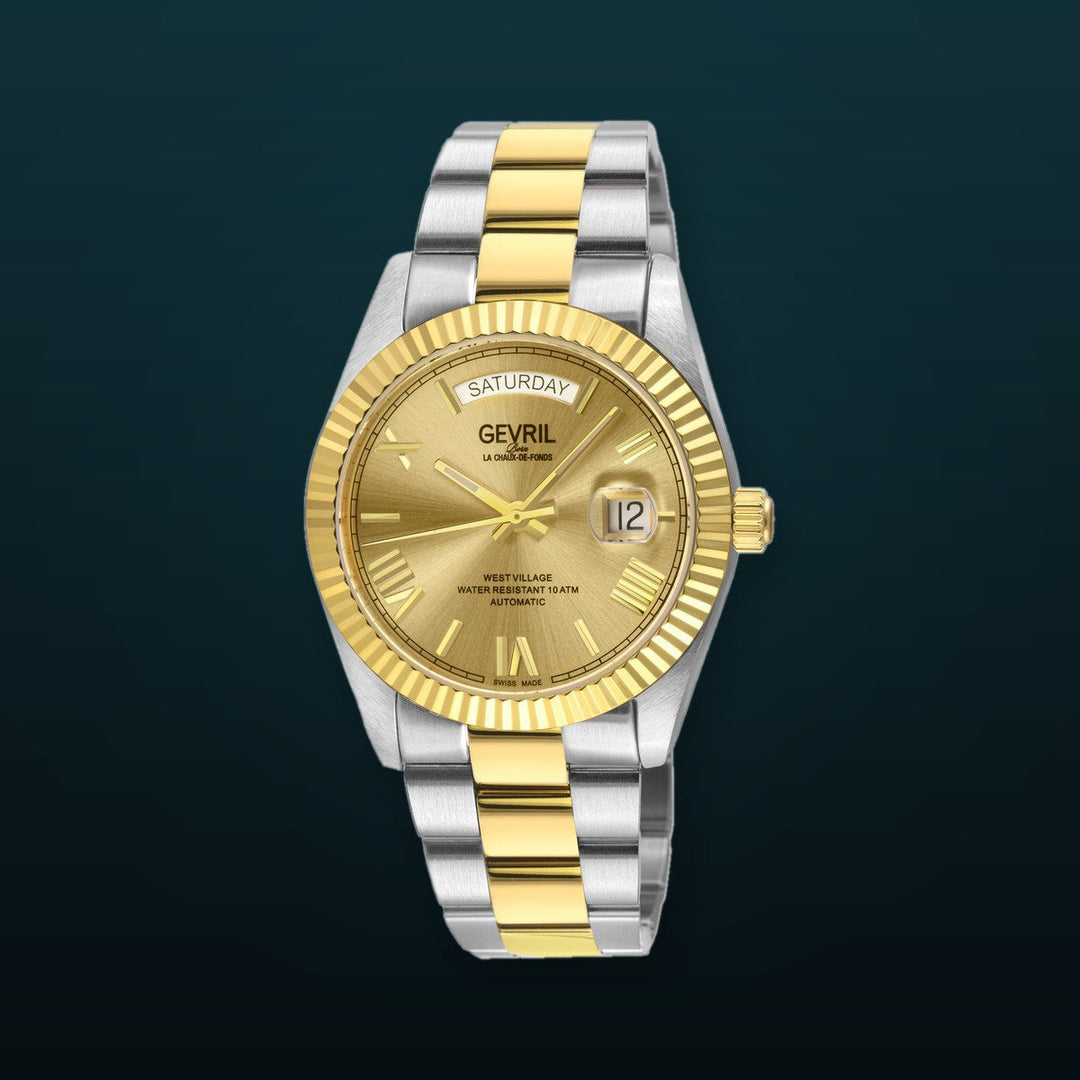 West Village Automatic Gevril Sellita SW240 Swiss Made Automatic Watch Gold dial magnify date, IPYG Bracelet. | Gold Dial