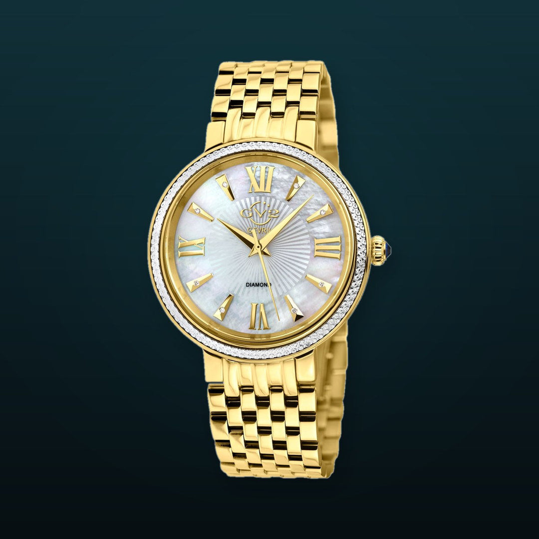 Genoa GV2 Women's Diamond Swiss Quartz Watch, White MOP dial, Diamond Cut Bezel, 8 Diamonds on Dial, IP Gold Bracelet | White Dial