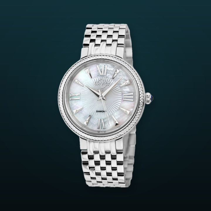 Genoa GV2 Women's Diamond Swiss Quartz Watch, White MOP dial, Diamond Cut Bezel, 8 Diamonds on Dial, Bracelet | White Dial