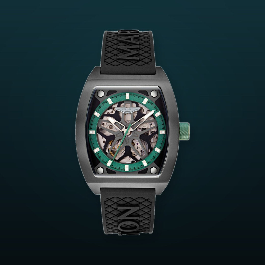 TRG Automatic Skeletonized Tonneau/Gunmetal IP/Black Silicone Green Dial