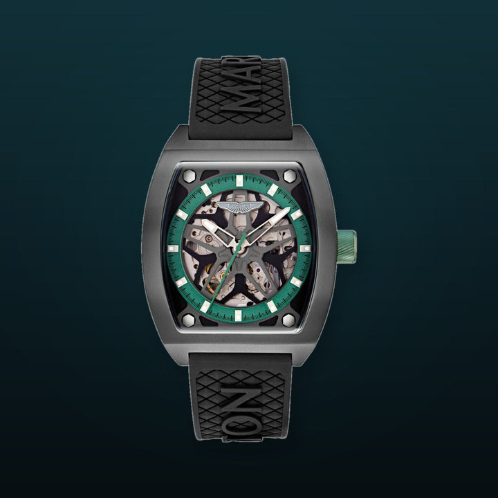 TRG Automatic Skeletonized Tonneau/Gunmetal IP/Black Silicone Green Dial